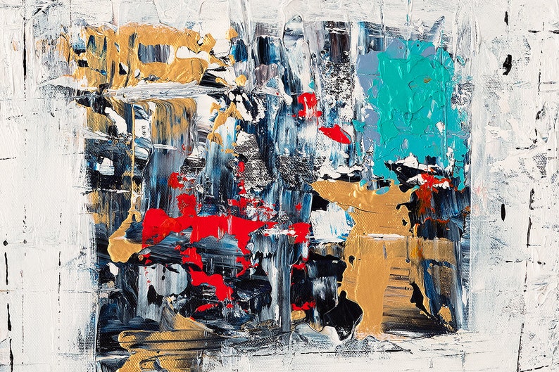 May include: Abstract painting with bold strokes of red, gold, blue, and turquoise on a white background.