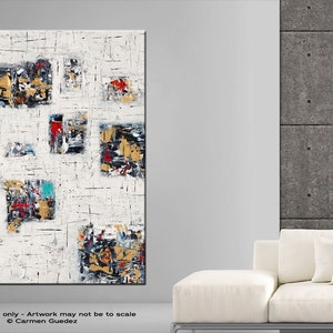 May include: Abstract painting with a white background and colorful geometric shapes in shades of red, blue, yellow, and black.