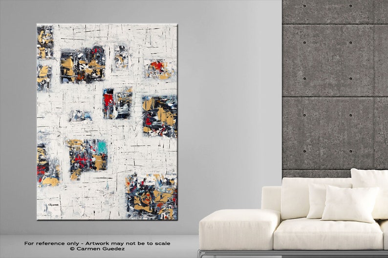 May include: Abstract painting with a white background and colorful geometric shapes in shades of red, blue, yellow, and black.