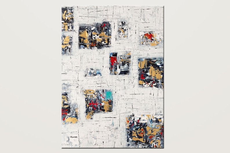 May include: Abstract painting with a white background and colorful squares. The squares are filled with various shades of black, red, blue, and gold. The painting has a textured surface.