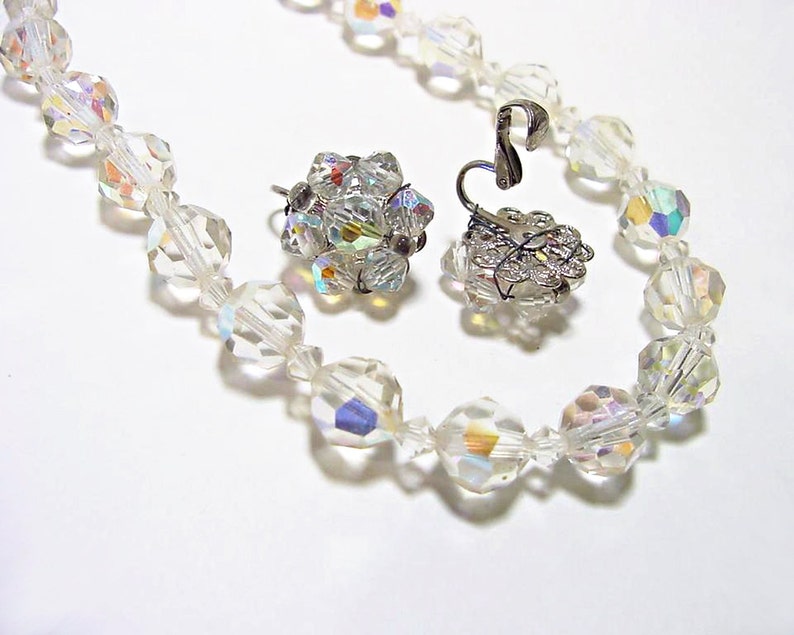 Aurora Borealis Faceted Crystal Ball Necklace With Matching Clip On Earrings Vintage 1950s Glamour
