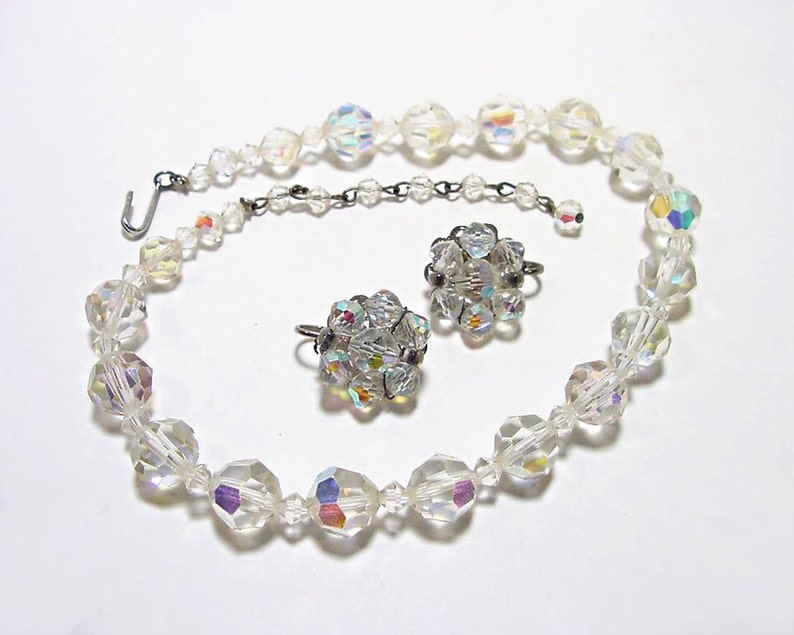 Aurora Borealis Faceted Crystal Ball Necklace With Matching Clip On Earrings Vintage 1950s Glamour