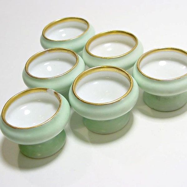 6 Art Deco Celery Green Salt Cellars Bone China 1920s