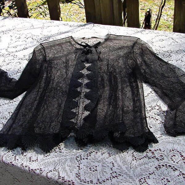 Black Fishnet Jacket - Vintage Roaring 20s - Handmade With Scalloped Cotton Lace Trim - Evening Jacket - Bed Jacket