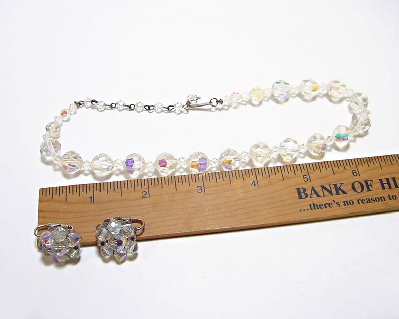 Aurora Borealis Faceted Crystal Ball Necklace With Matching Clip On Earrings Vintage 1950s Glamour