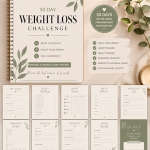 May include: A spiral-bound weight loss planner with the text "30 DAY WEIGHT LOSS CHALLENGE." The planner includes sections for goals, habit tracking, meal planning, and progress tracking. The design is in shades of green and beige.