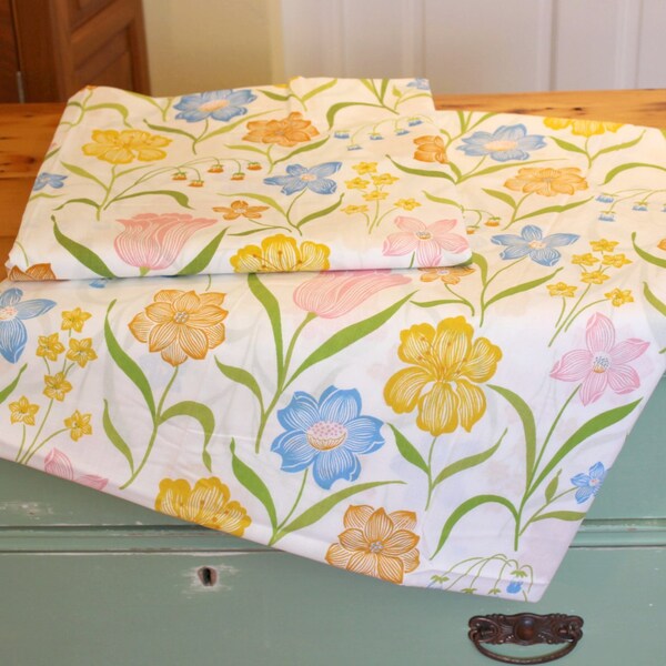 Sixties Sleepin'... Pair of Vintage Flat Bed Sheets - White with Bright Pastels; Stylized Flowers