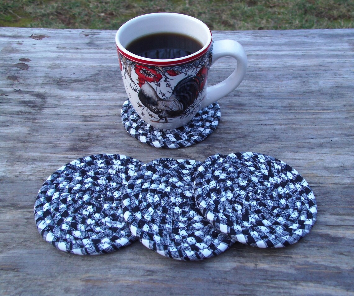 Black and White Coiled Fabric Coasters Set of Four Etsy