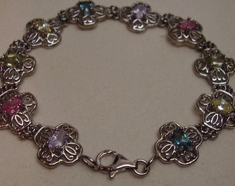 Vintage Sterling Silver Filigree Bracelet with Multi Coloured C Stones