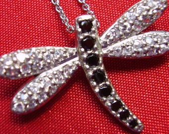 Vintage Sterling Silver Black and White CZs Dragon Fly Necklace