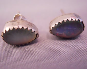 Vintage Handmade Sterling Silver Oval Australian Opal Stud Earrings