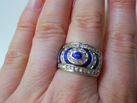 Royal Blue Enamel Cocktail Ring with Cubic Zircon… - image 4