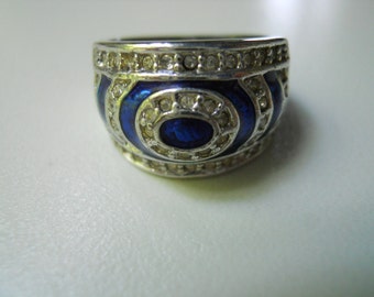 Royal Blue Enamel Cocktail Ring with Cubic Zirconias