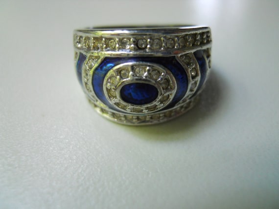 Royal Blue Enamel Cocktail Ring with Cubic Zircon… - image 1