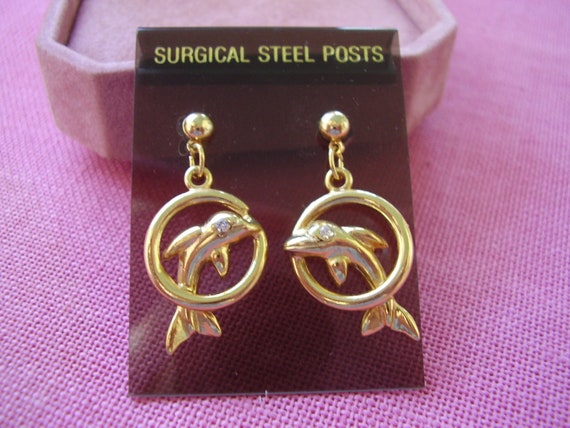 Vintage Gold Tone Dolphin Earrings - image 1