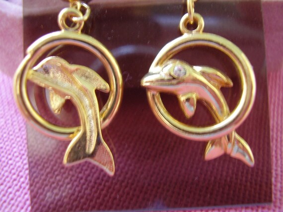 Vintage Gold Tone Dolphin Earrings - image 3