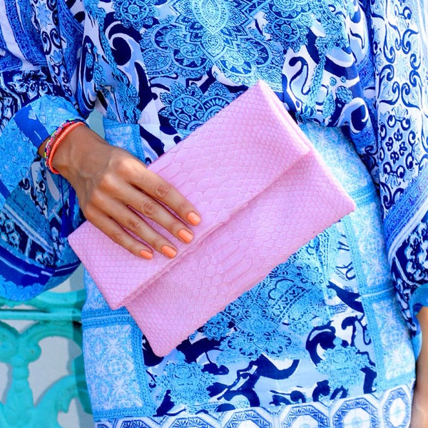 Rose Pastel Pink Envelope Python Snakeskin Clutch