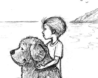Little Boy and his beloved Newfoundland dog at the beach - Sketch Art Print - Newfy