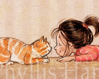 A Girl and Her Kitty - Cat and Little Girl art - Cat Lover Art Print