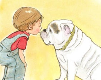 Boy and Bulldog Art Print: Children's Room Decor (8.5x11)