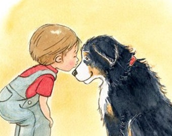 A little boy and his Bernese Mountain Dog - First Love - Pet art print for kid's rooms