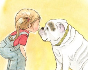 Little girl and her bulldog art print - English Bulldog and little girl