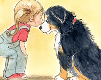 A little girl and her Bernese Mountain Dog - First Love - Pet art print for kid's rooms