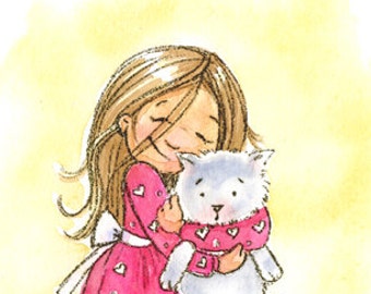 Little Girl and her cat - Cat Hug - Customizable Hair Color on little girl