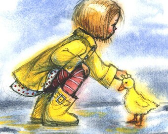 Spring Puddles and Duckling with Little Girl - Wall Art- Watercolor Painting Print