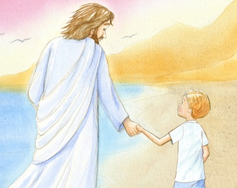 Children's Wall Art - Jesus and little boy walking on the beach - Inspirational Wall Art for kids- Customizable Hair Color and Text Option