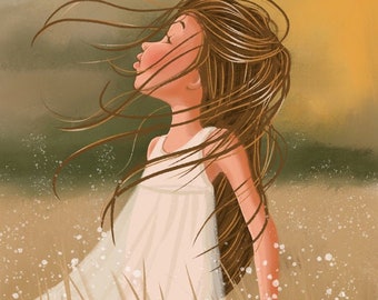 Girl in Field Art Print: Whimsical Wind Illustration
