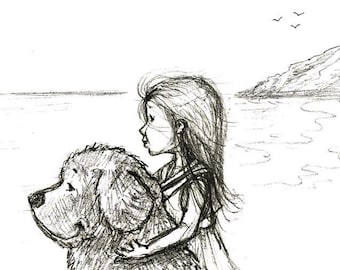 Little Girl and her beloved Newfoundland dog at the beach - Sketch Art Print - Newfy