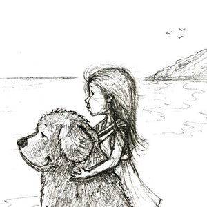 Little Girl and her beloved Newfoundland dog at the beach - Sketch Art Print - Newfy