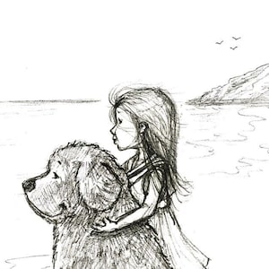 May include: Black and white line drawing of a girl sitting on a large dog, both looking out at the ocean. The dog is sitting on the beach, and the girl is holding onto the dog's fur. There are birds flying in the sky above the ocean.