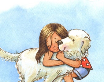 Big Old Hug Art Print - Little girl and her white dog - English Cream Golden Retriever