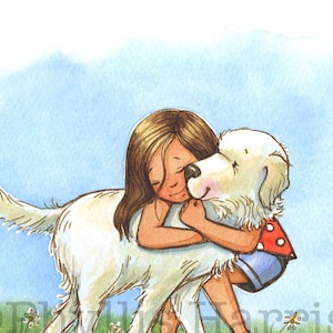 Big Old Hug Art Print - Little girl and her white dog - English Cream Golden Retriever