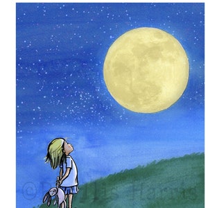 Children's Wall Art Print - Little Girl and the Man in the Moon Illustration - Customizable Hair Color
