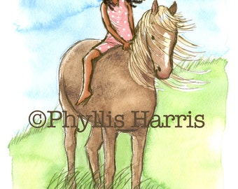 Children's Wall Art Print Illustration - Horse Girl - Girl's room decor- Customizable Dress Color