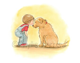 May include: A young boy in a red shirt and blue overalls leans down to give a golden retriever a kiss on the nose. The dog is sitting and looking up at the boy with a happy expression.