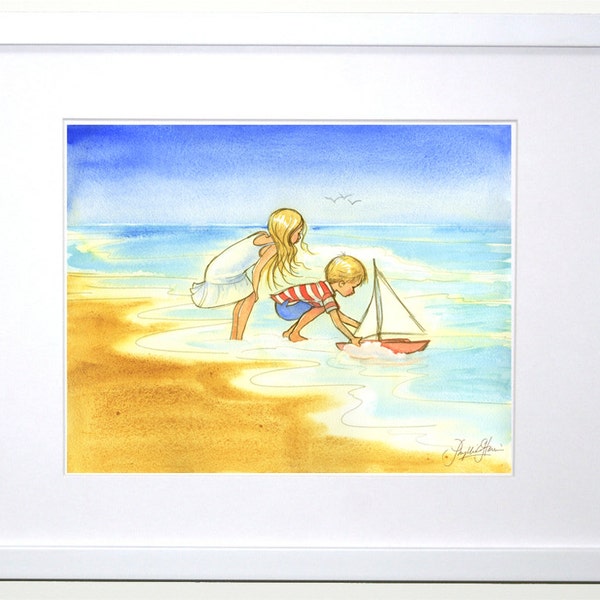 Wall art - Golden day by the sea - Little girl and boy with toy sail boat