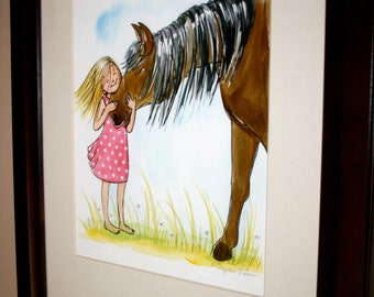 Impression d'art mural pour enfants - L'amour d'une fille et son cheval - Déco pour chambre de fille - Couleur de cheveux et de robe personnalisable
