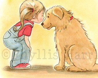 Girl and Dog Art Print: Customizable Hair Color, Children's Room Decor