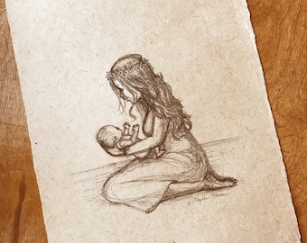 Boceto de Nueva Vida en papel hecho a mano: Boceto de madre primeriza y bebé recién nacido