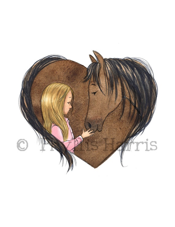 Horse Love Girl and Her Horse Art Print Custom Hair Colors - Etsy