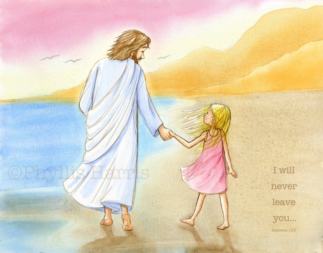 Children's Wall Art Jesus and Little Girl Walking on the Beach