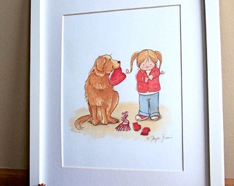 Girl and Dog Art Print: Customizable Hair Color, Children's Room Decor