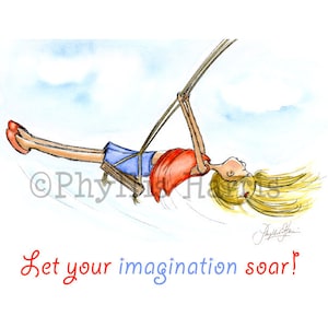 Children&#39;s Wall Art Print - Little girl swinging - Art print for girl&#39;s room decor- Customizable Hair Color and Text Option