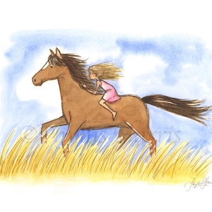 Wall Art for Kids - Free As the Wind - Little girl on horse art - children&#39;s room decor- Customizable Hair and Dress Color