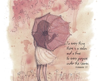 Girl with Umbrella Watercolor Art Print - Custom Color Available