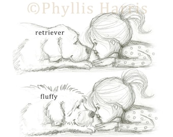 Little girl and her dog - Nose to nose - Pencil Sketch on aged handmade seed paper